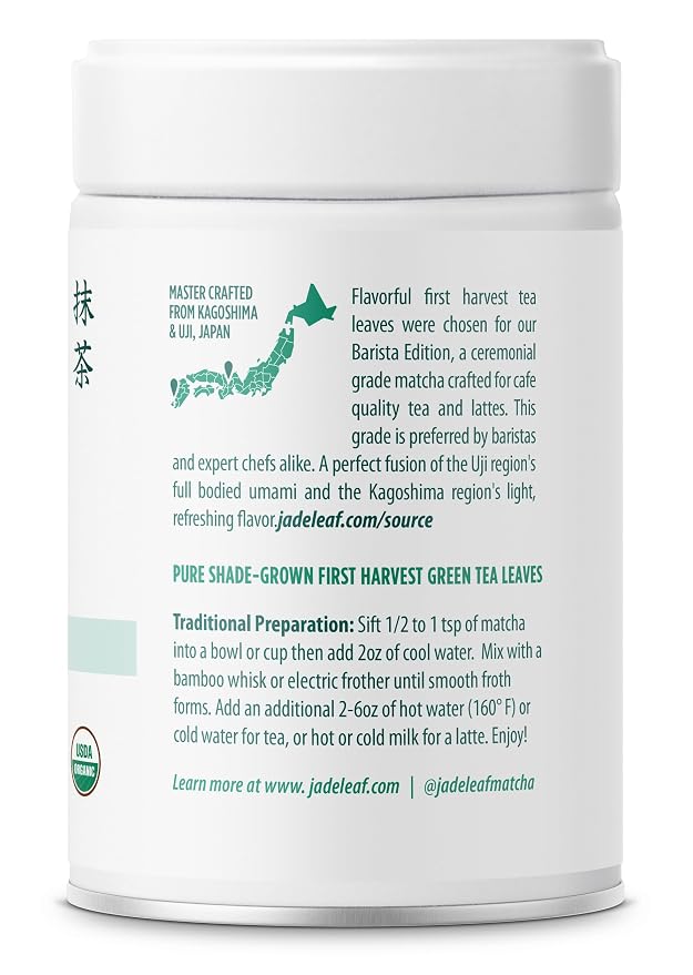 Jade Leaf Matcha Organic Ceremonial Grade Barista Blend Matcha Powder - 100% Pure Japanese Premium First Harvest Green Tea for Lattes from Uji and Kagoshima, 100g / 3.53 Ounce (Pack of 1)