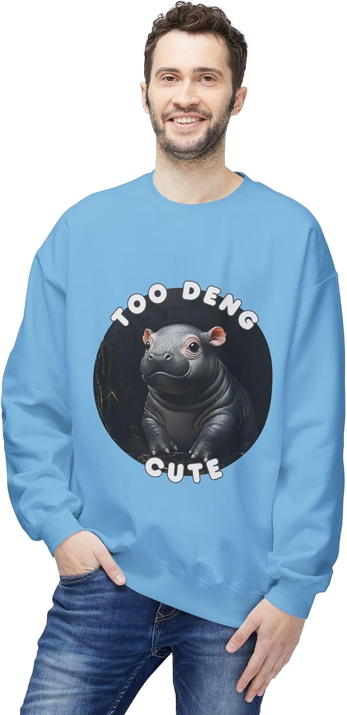 Unisex Fleece Crewneck Sweatshirt - Too Deng Cute Moo Deng Hippo, Cozy Cotton Blend, Classic Relaxed Fit