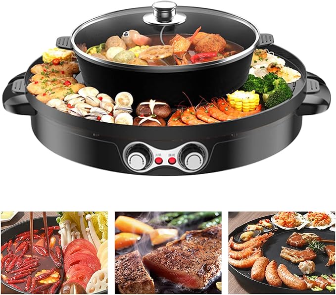 Non-stick Hotpot Pot with Grill, 2200W Electric Shabu Shabu Hot Pot Korean BBQ Grill, Multi-function BBQ Hotpot Machine for Family and Friends Gathering