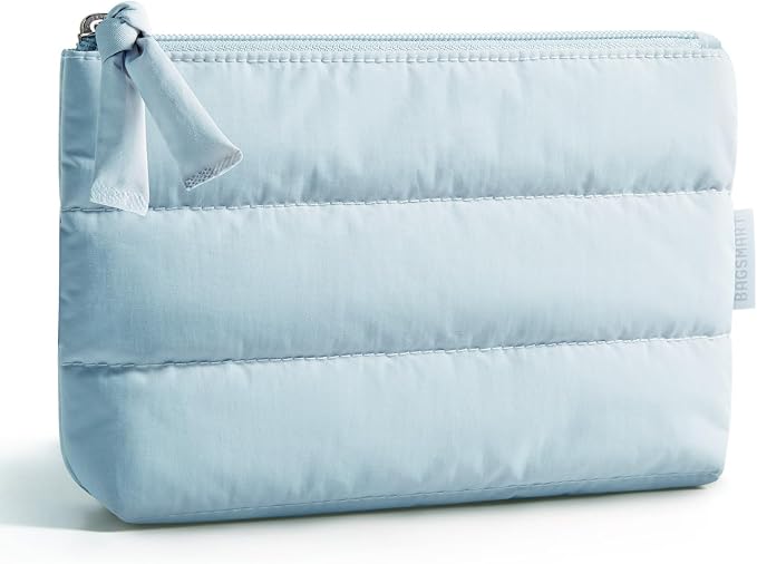 BAGSMART Small Makeup Bag, Puffy Portable Cosmetic Pouch with Charm Zipper, Water-Resistant Travel Organizer for Women (Baby Blue, Small)