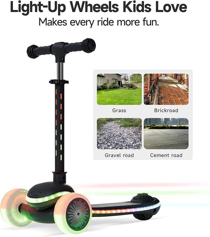 Kids Scooter, 3 Wheel Kick Scooter for Toddlers with Light Up Wheels, Lean-to-Steer Design, Adjustable Height Handlebar, Anti-Slip Deck, Ages 2–8