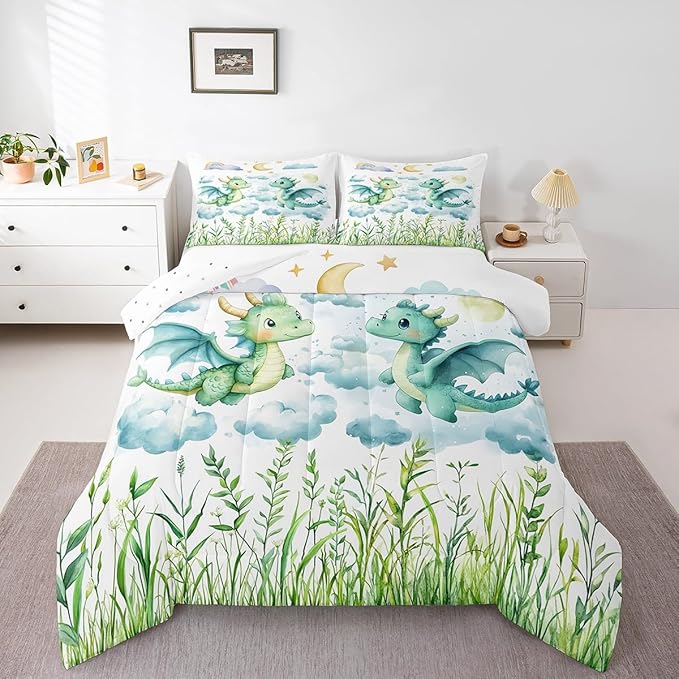 Feelyou Dragon Comforter Set Full Size Dragon Stuff Comforter for Boys Girls Teens Wild Life Bedding Set Dragon Decor Duvet Set Room Decor Green Quilt Set