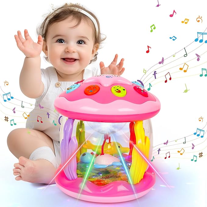 M SANMERSEN Baby Girl Toys 6-12 Months - Babies Ocean Rotating Projector Light Up Musical Toys for 12-18 Months Crawling Learning Tummy Time 1 2 Years Old Infant Boys Girls Pink