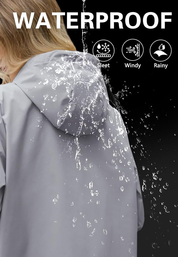 Zando Long Packable Rain Jacket Women Waterproof Raincoat with Hood | Relaxed-Fit Lightweight Windbreaker for Women; Travel Rain Coats for Commute, Hiking, Cruise, and Daily wear