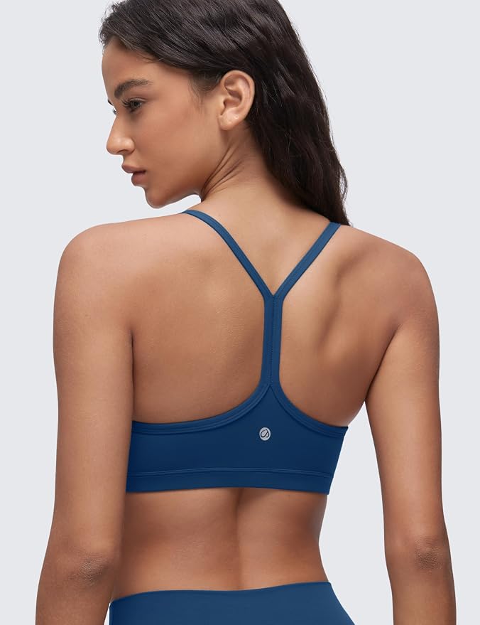 CRZ YOGA Butterluxe Ruched Sports Bras for Women - V Neck Spaghetti Thin Strap Y Back Wireless Padded Yoga Crop Top