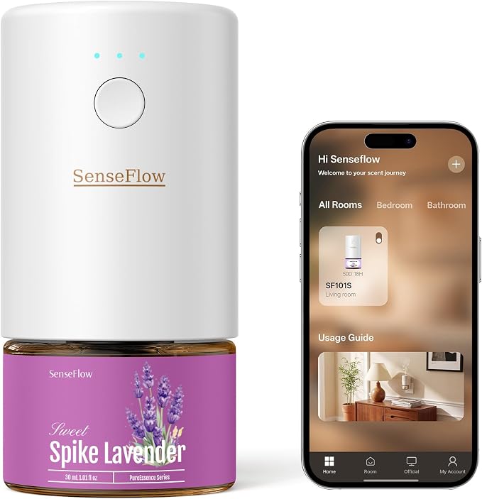 Essential Oil Diffuser for Home, Smart Waterless Aromatherapy Diffuser SF101S Pro, Plug in Room Scent with Timer & 120-Day Natural Aroma – Free 30ml Spike Lavender