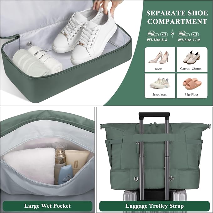 Gym Bag for Women, 45L Carry On Travel Duffel Bag with Shoes Compartment, Weekender Overnight Bag with Wet Pocket for Women, Travel, Gym, Weekend, Large Size