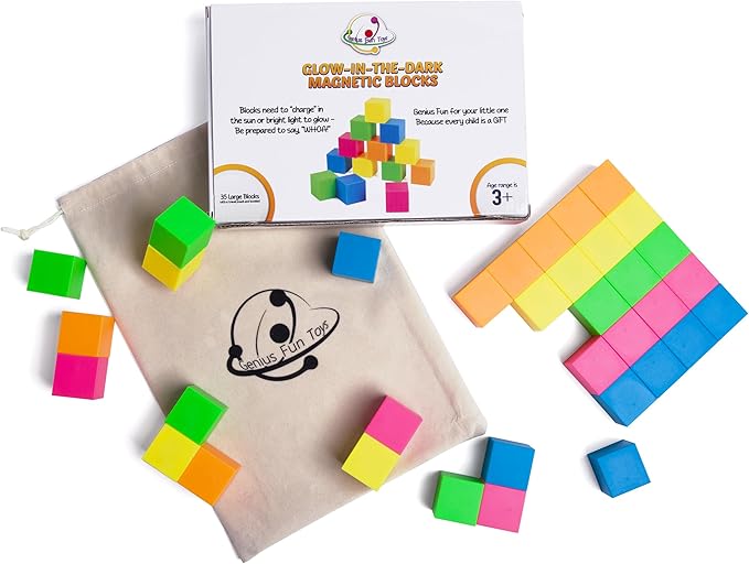 Glow in The Dark Toys Magnetic Building Blocks 35 PCs Neon Block – Safe Magnet Blocks for Kids & Toddlers Aged 4-8 | Magnetic Building Cubes w/Manual & Travel Pouch – STEM Educational Toys