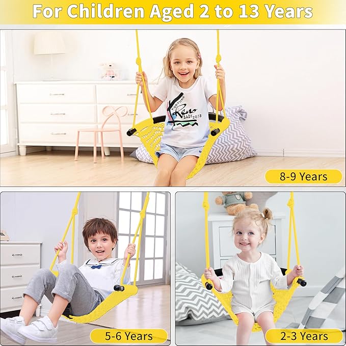 Hi-Na Kids Swing Seats Indoor Hand-Made with Adjustable Rope, Outdoor Tree Child Swing Seat for Backyard, Playground, Outside, Yellow, Polyester