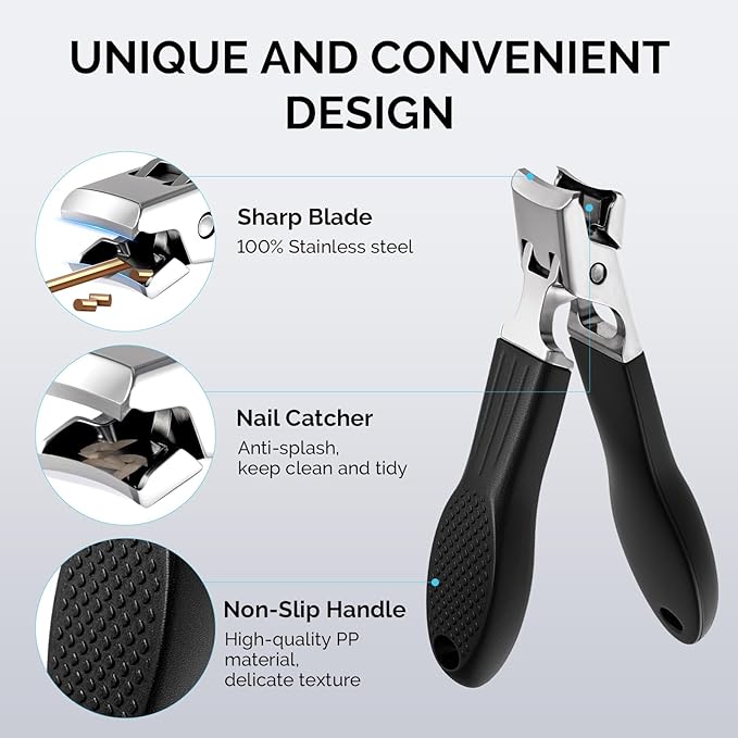 MelodySusie Wide Jaw Opening Nail Clippers Set, 2 pcs Toenail Clippers for Seniors Thick Nails, Anti-Splash Curved and Slanted Nail Clippers for Men Women, Fingernail Cutter with Catcher, Black