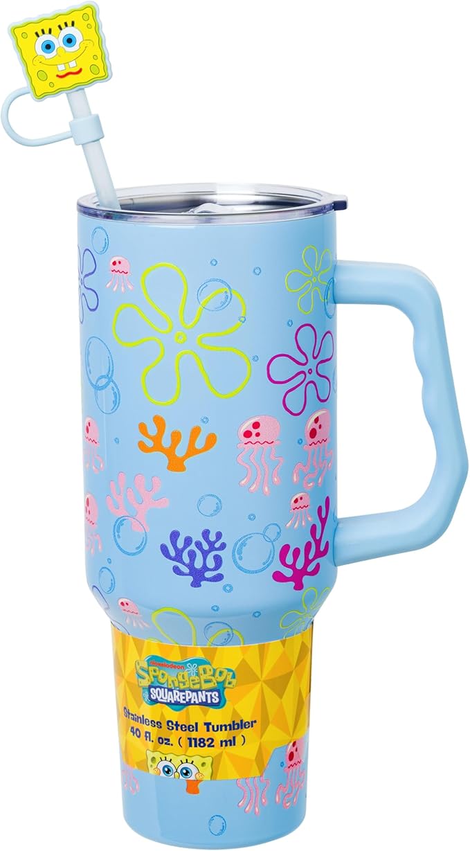Silver Buffalo Spongebob Squarepants Jellyfishing in Bikini Bottom Double Walled Stainless Steel Tumbler with Handle, Straw, and Straw Cap, Fits in Standard Cup Holder, 40 Ounces
