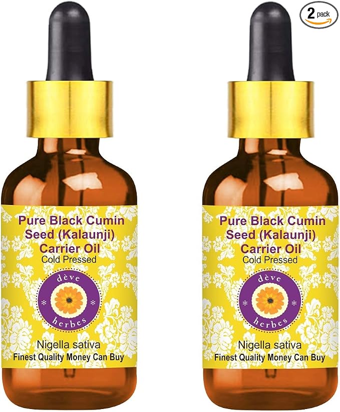 Deve Herbes Pure Black Cumin Seed (Kalaunji) Carrier Oil (Nigella Sativa) with Glass Dropper Cold Pressed (Pack of Two) 100ml X 2 (6.76 oz)