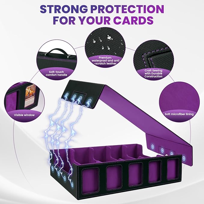 Trading Card Storage Box with Handle,5-Row Portable Leather Deck Case for 4000+ Cards,Purple Card Collection Box with Commander Display Window for MTG,Yugioh, and Sports Cards,Gifts for Card Collector