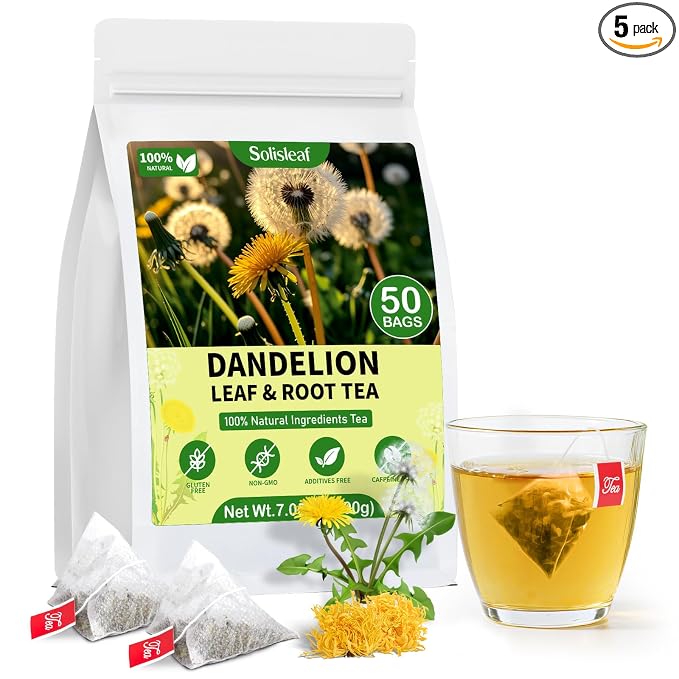 Dandelion Leaf and Root Tea Bag, Natural Dandelion Roasted Herbal Detox Teabag for Liver & Kidney Health, Support Digestion Dandelion Root Tea, Caffeine Free, No Additives（50 Teabags)