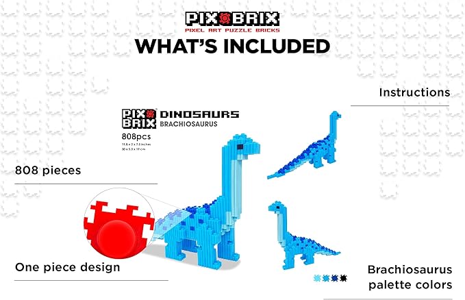 Pix Brix Pixel Art kit Puzzle Bricks – Dinosaur Series, Brachiosaurus – Patented Building Brick Set to Recreate Your Favorite Dino, Includes 808 Pieces – Create 3D Builds Without Water, Iron or Glue