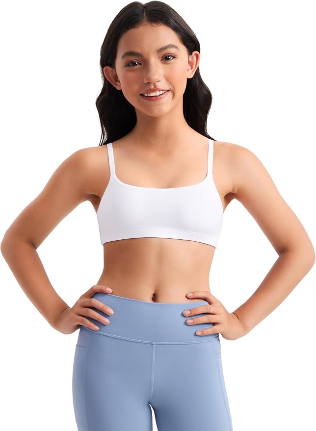 CRZ YOGA Girls Butterluxe Adjustable Spaghetti Strap Sports Bra - Yoga Athletic Casual Scoop Neck Crop Padded Kids Teen