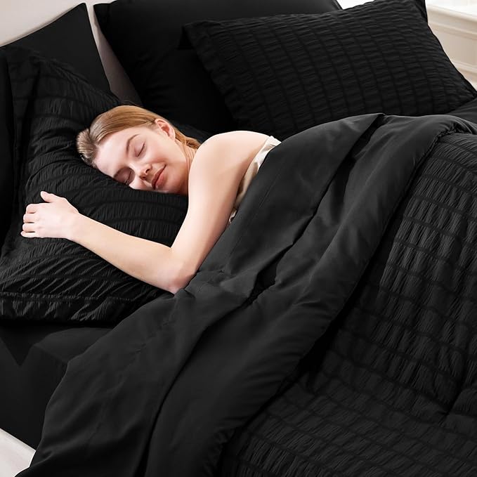 CozyLux Twin XL Comforter Set with Sheets Seersucker Black 5 Pieces Bed in a Bag, Twin Extra Long Luxury Soft Bedding Sets for College Dorm with Down Alternative Comforter, Sheets, Pillowcase & Sham