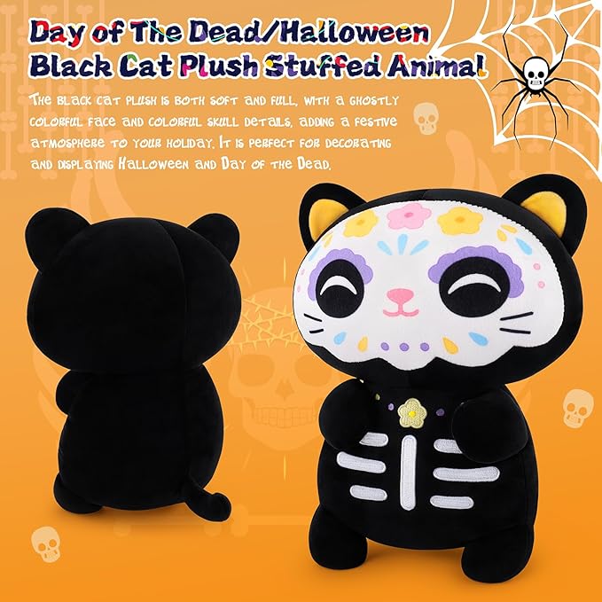 Achwishap Black Cat Stuffed Animal-14” Day of The Dead Cat Plush,Soft Cats Plush Toys Halloween & Día de Los Muertos Gifts for Kids,Cute Kitten Plushies,Kawaii Stuffed Pillow,Animal Pillow for Adults