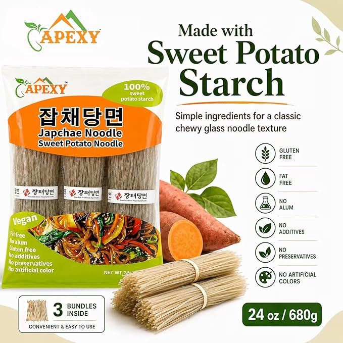 APEXY Sweet Potato Glass Noodles, Japchae Noodles, Korean Vermicelli Pasta, Fat-free and Gluten-free, 100% Sweet Potato Starch, No Additive, No Alum inside, 24oz (680g) (Pack of 2)