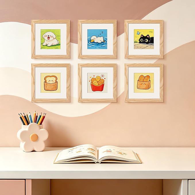 upsimples 6x6 Picture Frame, Display Pictures 4x4 with Mat or 6 x 6 Without, Wall Hanging Square Frames, Natural Style, 1 Pack