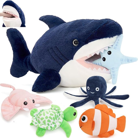 MaoGoLan 24 inch Large Plush Shark Stuffed Animal, Shark Toys with 5 Ocean Sea Animals Inside No-Zipper Mouth - Octopus, Turtle, Clown Fish, Starfish, Stingray - Kids Party Favors Decorations