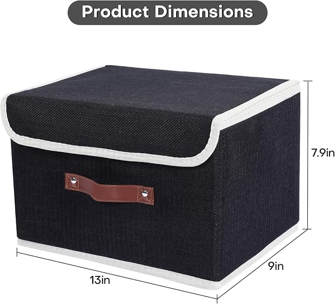 ANMINY Fabric Storage Box Bins with Lids, Black, 13"x9"x7.9", 4 Pack | Keepsake Memory Storage, Cotton Linen, PP Board Reinforced, Washable, PU Handles, Foldable & Stackable, Decorative, Medium