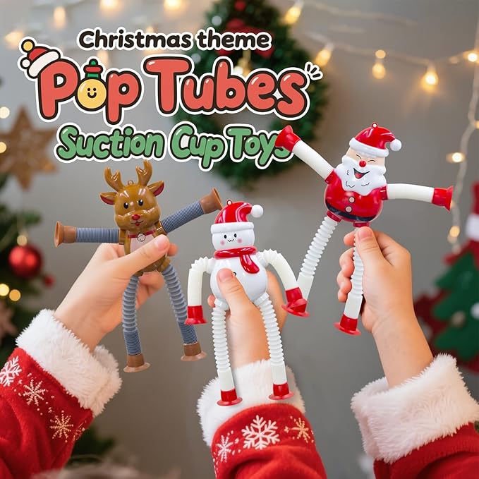 DoDoMagxanadu Pop Tubes Fidget Toys for Kids, 4Pack Christmas Telescopic Suction Cup Toy for Year Old Ages 3 4 5 6 7 8 Stocking Stuffers for Toddlers Kid