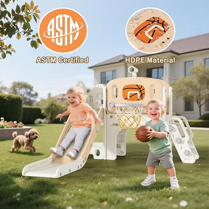 BIERUM 9 in 1 Toddler Slide Set, Baby Slide for Toddlers 1-3 with Ring Toss and Basketball Hoop, Indoor Outdoor Toddler Playset Playground Beige Coffee