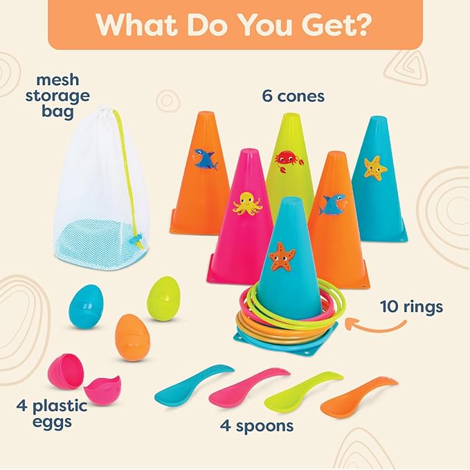 B. toys – Outdoor Games Galore Combo – Ring Toss & Egg-and-Spoon Game Set for Backyard Fun, Party Activities & Family Entertainment – Includes Easy-to-Grip Rings & Spoons – Kids Outdoor Toys 3+ Years