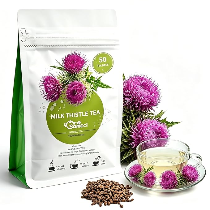 Samcci - Milk Thistle Tea Bags, 50 Teabags, 3g/bag - 100% Natural Milk Thistle Seeds Support Liver Herbal Tea, Caffeine Free - No Additives - No Sugar - Non-GMO - No Gluten