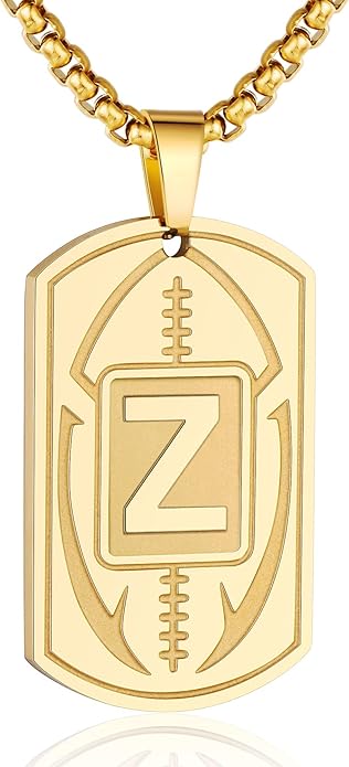 Initial A-Z Dog Tag Necklace for Men - Football Charm Pendant, Stainless Steel Chain 22+2 Inches, Personalized Sports Athletes Jewelry Gift
