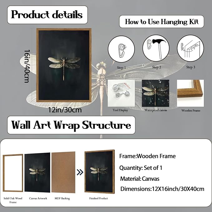 Dark Academia Dragonfly Wall Art Vintage Bug Wall Decor Pictures Whimsical Nature Insect Poster Canvas Print Moody Dragonfly Painting Artwork for Bedroom Living Room 12x16 inch Wood Framed