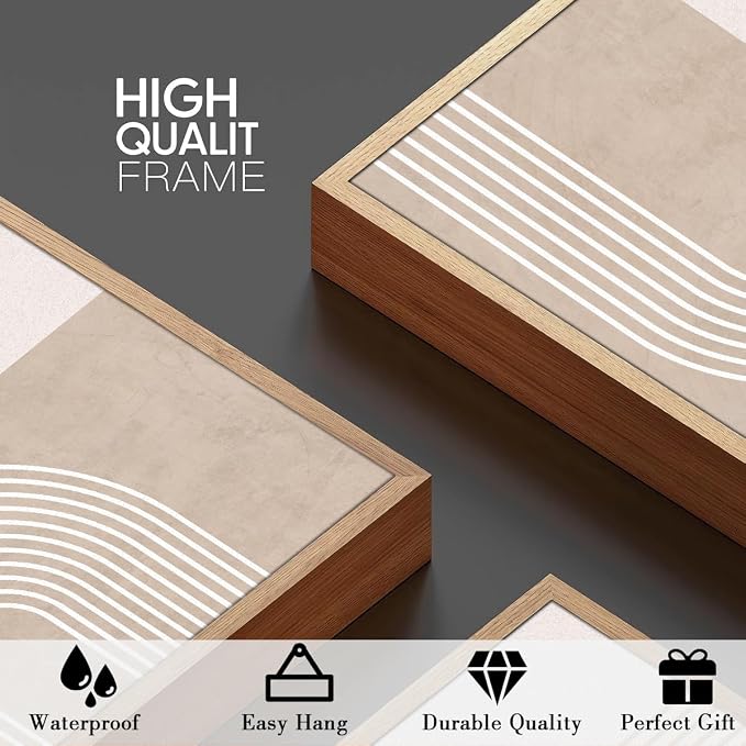 ANHUIB Neutral Boho Abstract Canvas Wall Art Set of 3 Framed Mid Century Modern Wall Decor Beige Geometric Line Artwork Minimalist Prints 16x24 Inch Painting for Living Room Bedroom Dining Room Office