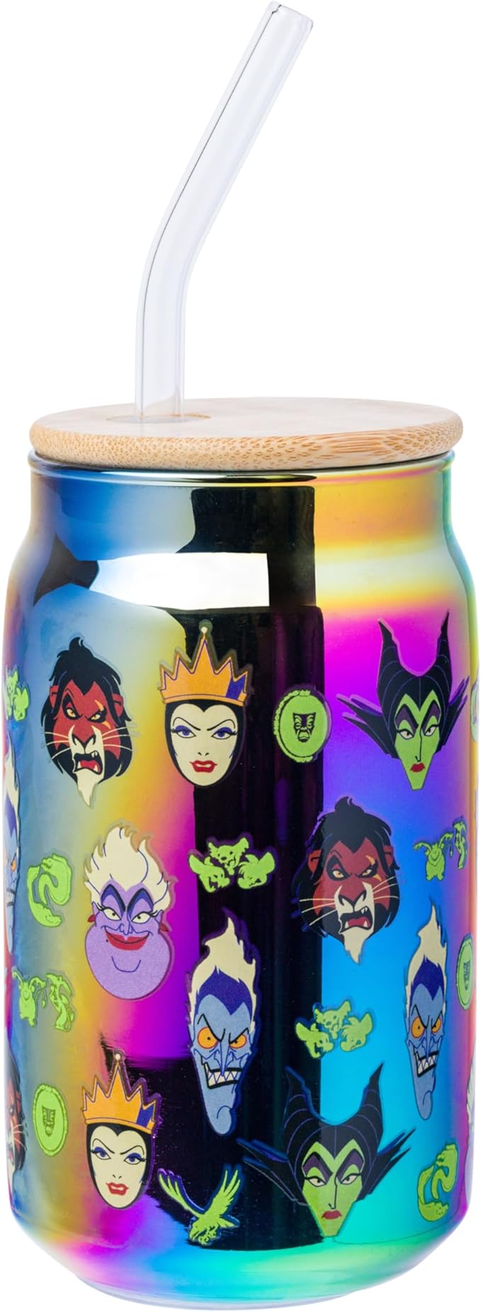 Silver Buffalo Disney Villains Electroplate Chrome Glass Tumbler with Bamboo Lid and Glass Straw Featuring Scar, Maleficent, Ursula, Evil Queen, and Hades, 16 Ounces