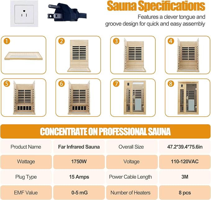 Ultra Low EMF 2 Person Infrared Sauna, 1750W 15A Far Infrared Saunas for Home, Canadian Hemlock Wood Sauna Indoor Sauna with Chromotherapy Light, Bluetooth Speaker, Door Heating Plate