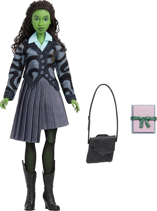 Mattel Universal Wicked Elphaba Fashion Doll & Accessories with Green Skin, Braided Black Hair, Posability & Removable School Uniform