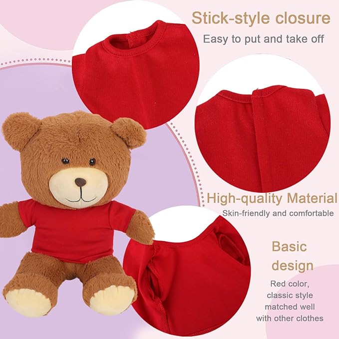 Plush Teddy Bear Clothing Set, Red T-Shirts, Cotton, Basic Style, Easy Put-On Design, 8 Pack