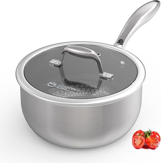 COOKER KING 3 Quart Stainless Steel Saucepan with Lid, Tri-Ply Ceramic Nonstick Pot, Metal Utensil Safe, Dishwasher & Oven Safe up to 900F, Induction Cookware for All Stovetops
