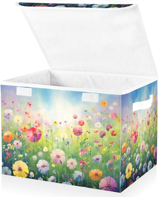 Colorful Flowers Storage Bins with Lids and Carrying Handle,Foldable Storage Boxes Organizer Containers Baskets Cube with Cover for Home Bedroom Closet Office