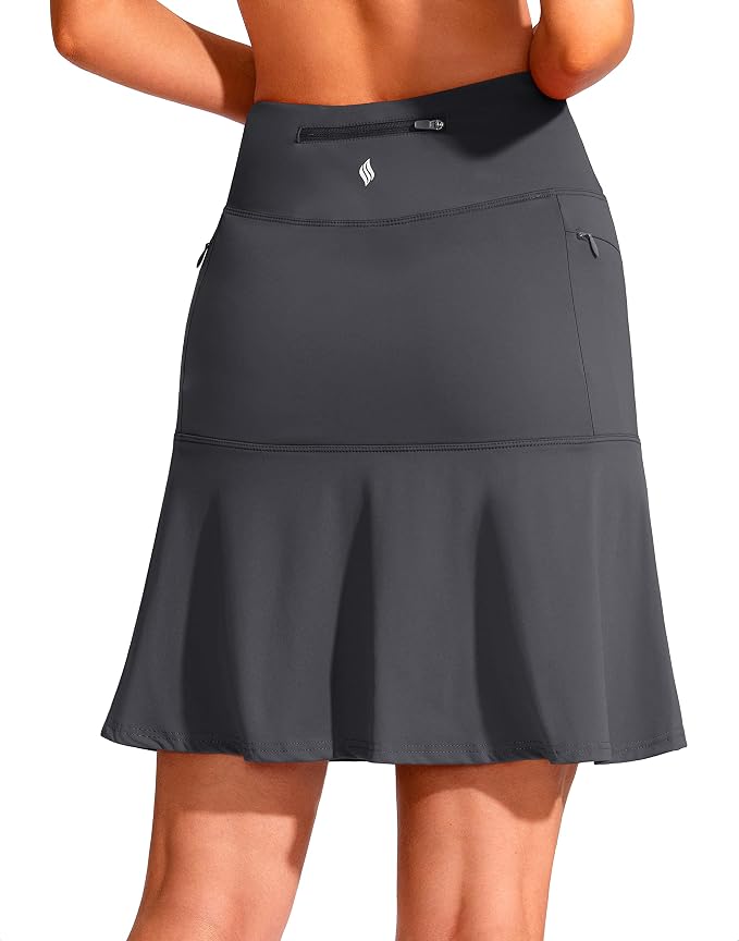 19" Ruffled Golf Skirts for Women | 3 Zipper Pockets, Knee Length, High Waisted, Long Skorts for Athletic, Casual, Tennis, Pickleball