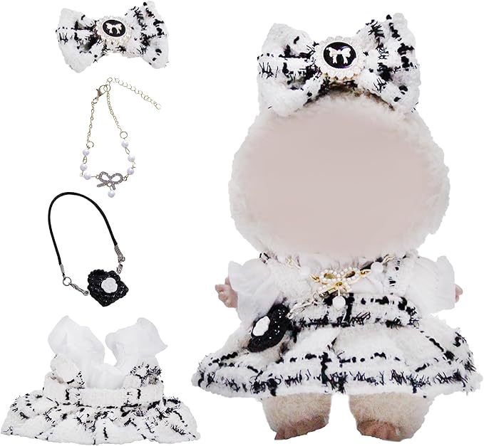 17cm Doll Clothes Set and Accessories Suit,(NO Doll) 5-Piece Set, Outfits for Clothes Set, Dolls Keychain Accessories, Includes Dress, White Clothes，Matching Hair Bow, Necklace, Bags(White)