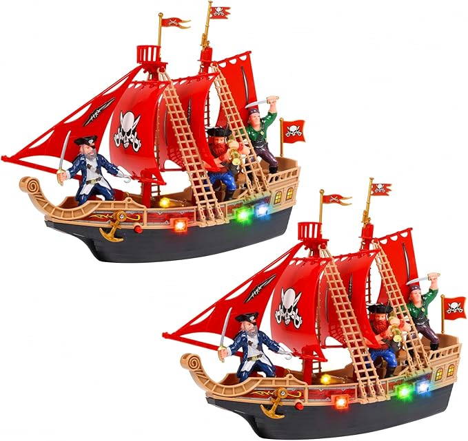 2-Pack Toy Pirate Ship Boat Adventure Playset with Lights Sounds Action Figures, Red, Boys, Ages 3+