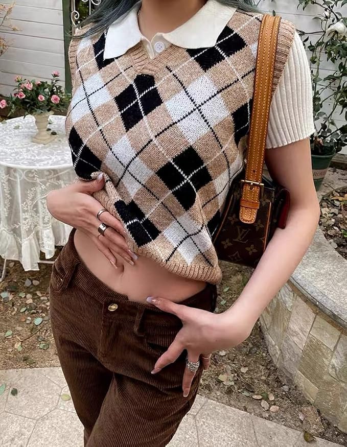 Women's Sweater Vest,Y2K Sleeveless Pattern Preppy Style Knitted Crop Tank Top for Girl