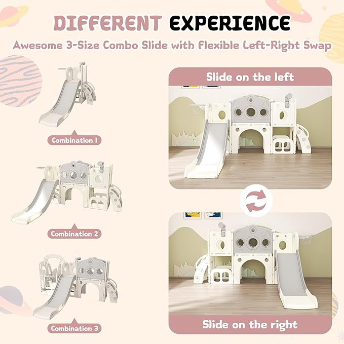 GITAWUSA 8 in 1 Toddler Slide, Outdoor Indoor Playset for Kids Baby Age 1 2 3, Childs Climber Slide with Storage Space and Non-Slip Steps, Basketball Hoopa and Telescope, Gray & White