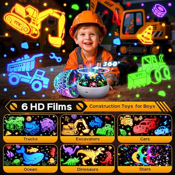 Pikoy Construction Excavator Toys【15 Sounds & 6 Films】Truck Toys for Ages 5-7[31 Colors & Remote Control] Dinosaur Egg Light for Nursery Toddler Boys Birthday Gifts 1-8 Years Old Easter Gifts for Kids