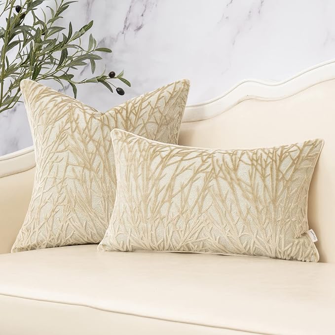 Beige Throw Pillow Cover Velvet Cushion Cover Branches Rectangular Neutral Pillowcase for Sofa Couch Bedroom Living Room, 12x20 Inch