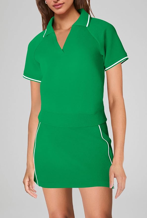 Womens Workout Sets 2 Piece Outfits V Neck Short Sleeve Polo Shirt and Tennis Skort Set with Pockets
