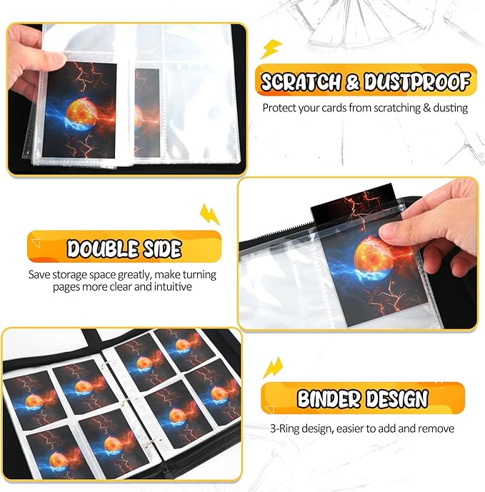 400 Pocket Trading Card Binder with 50 Removable Sleeves, Portable Zippered Card Holder, Collection Album Book Case Storage for MTG, TCG, Sports, Game Cards (Yellow Ball)