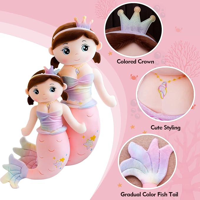 Mermaid Stuffed Animal Plush, 49.2in Cute Soft Pink Hugging Mermaid Plushies Pillow Toys Kawaii Birthday Gift for for Adults Kids Boys Girls