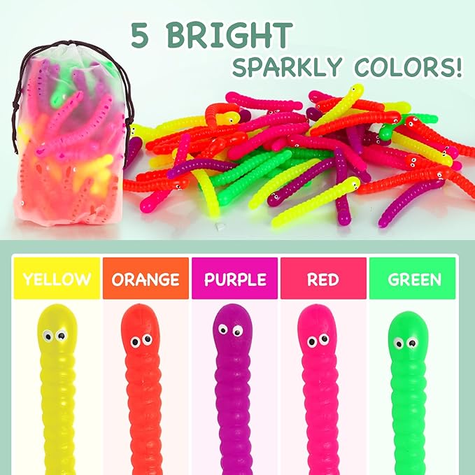 50 PCS Stretchy Fidget Toys Colorful Stretchy Strings，Sensory Fidget Worm Stretch Toys for Kids, Stocking Stuffers Party Favors for Boys and Girls Classroom Prizes, Pinata Fillers,Goodie Bag Stuffers